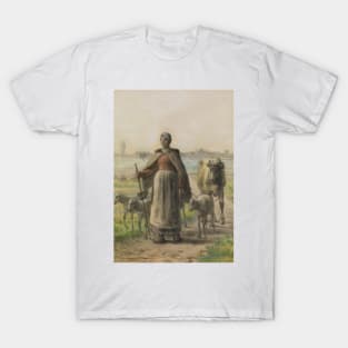 Paysanne Conduisant Aux Champs Sa Vache Et Ses Moutons by Jean-Francois Millet T-Shirt